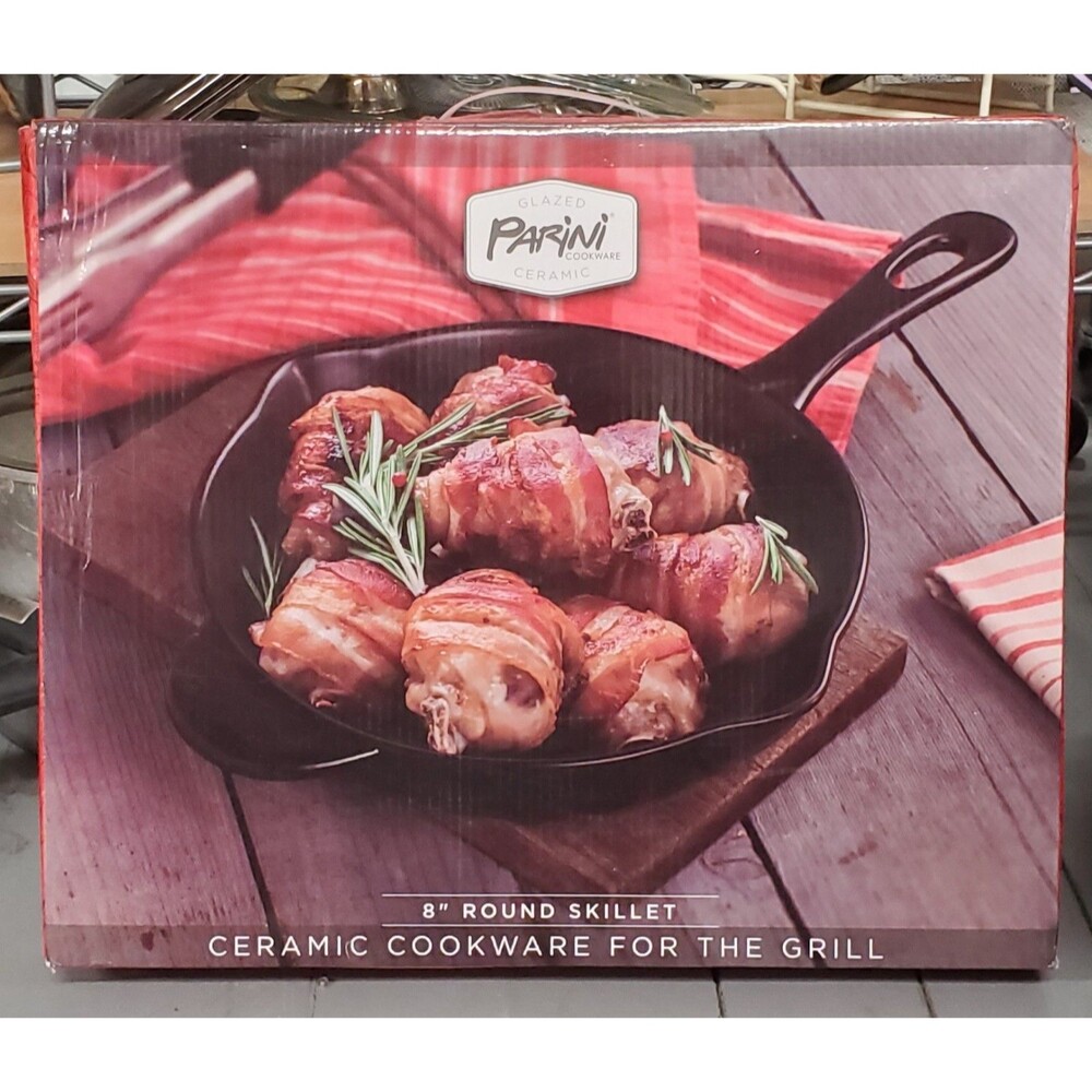 Parini Cookware Skillet Glazed Ceramic 8” Round For Grill Or Oven Lightweight